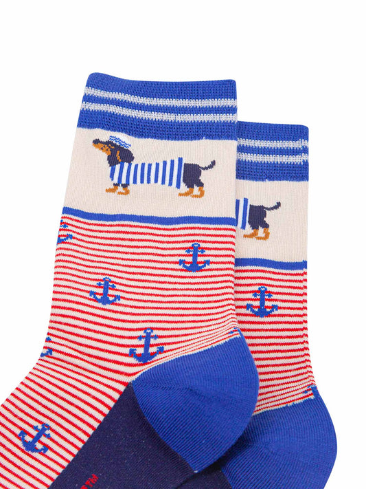 womens-bamboo-socks-cream-sausage-dog-sailor-stripe-close-up-dachshund-dresses-blue-striped-hat-jersey-blue-anchors-red-stripes