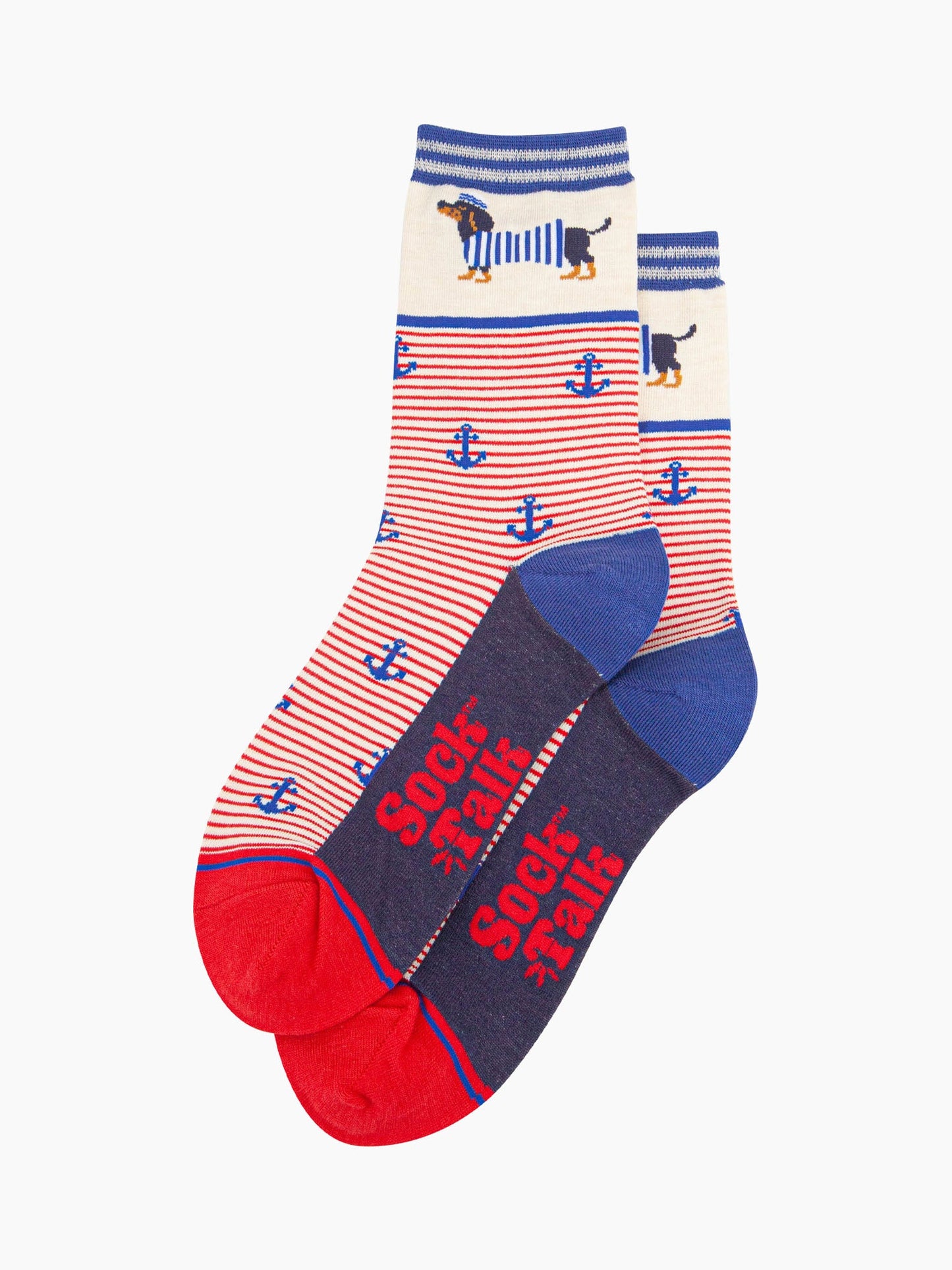 womens-bamboo-socks-cream-sausage-dog-sailor-stripe-laying-flat-red-stripes-blue-anchors-weiner-dogs