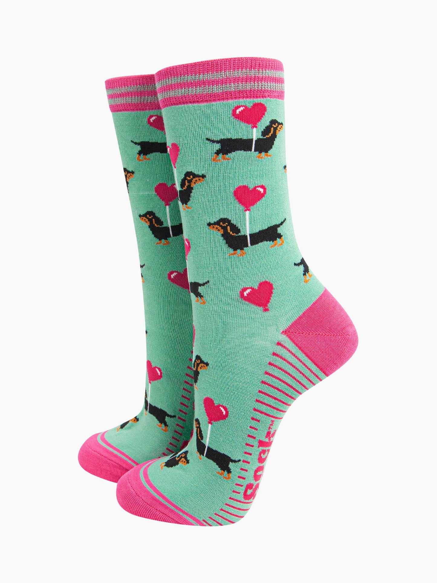 Women's Bamboo Socks - Mint, Sausage Dog with Loveheart Balloon