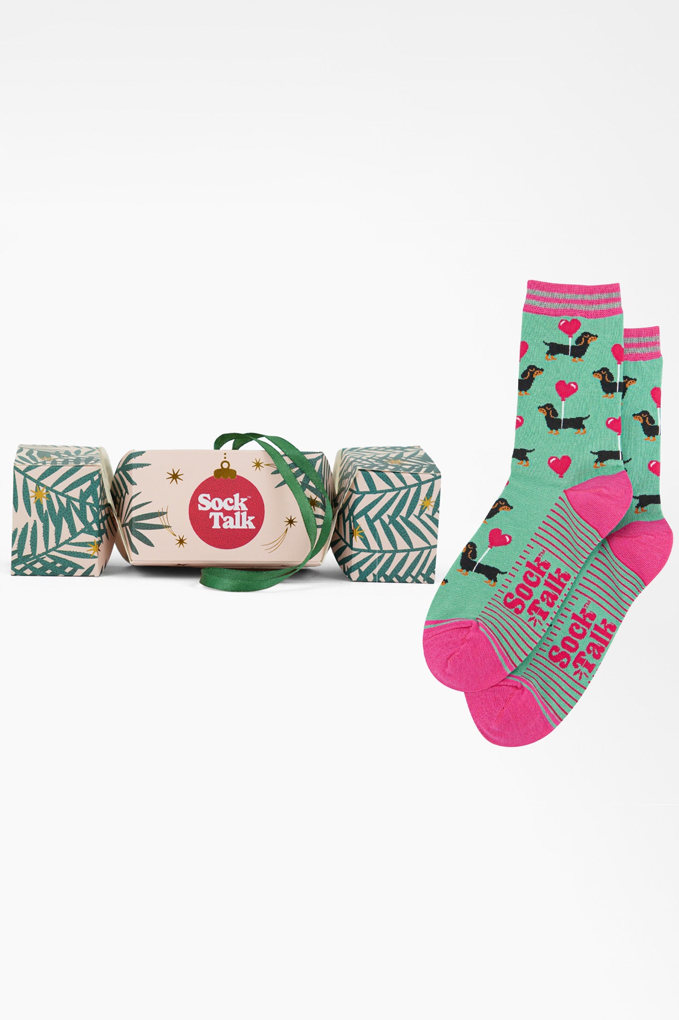 Women's Bamboo Ankle Socks Christmas Cracker Gift Box - Mint/Pink, Sausage Dog With Love Heart Balloon