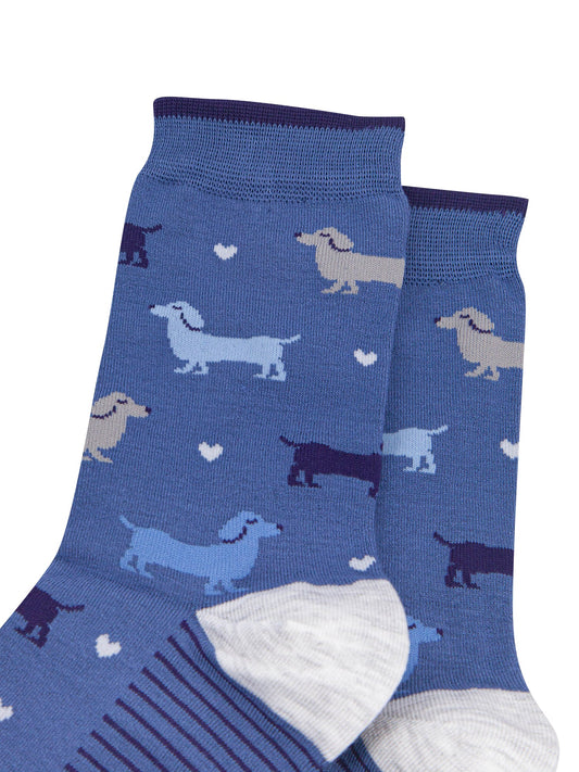 Multi-Sausage-Dog-Women's-Bamboo-Socks-in-Denim-Blue-Close-Up