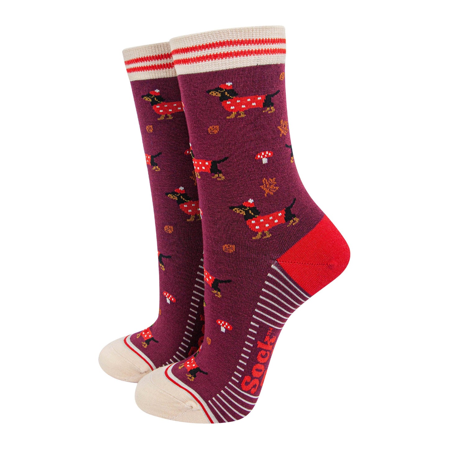 womens-bamboo-socks-berry-cream-sausage-dogs-toadstools-woodland-dachshunds