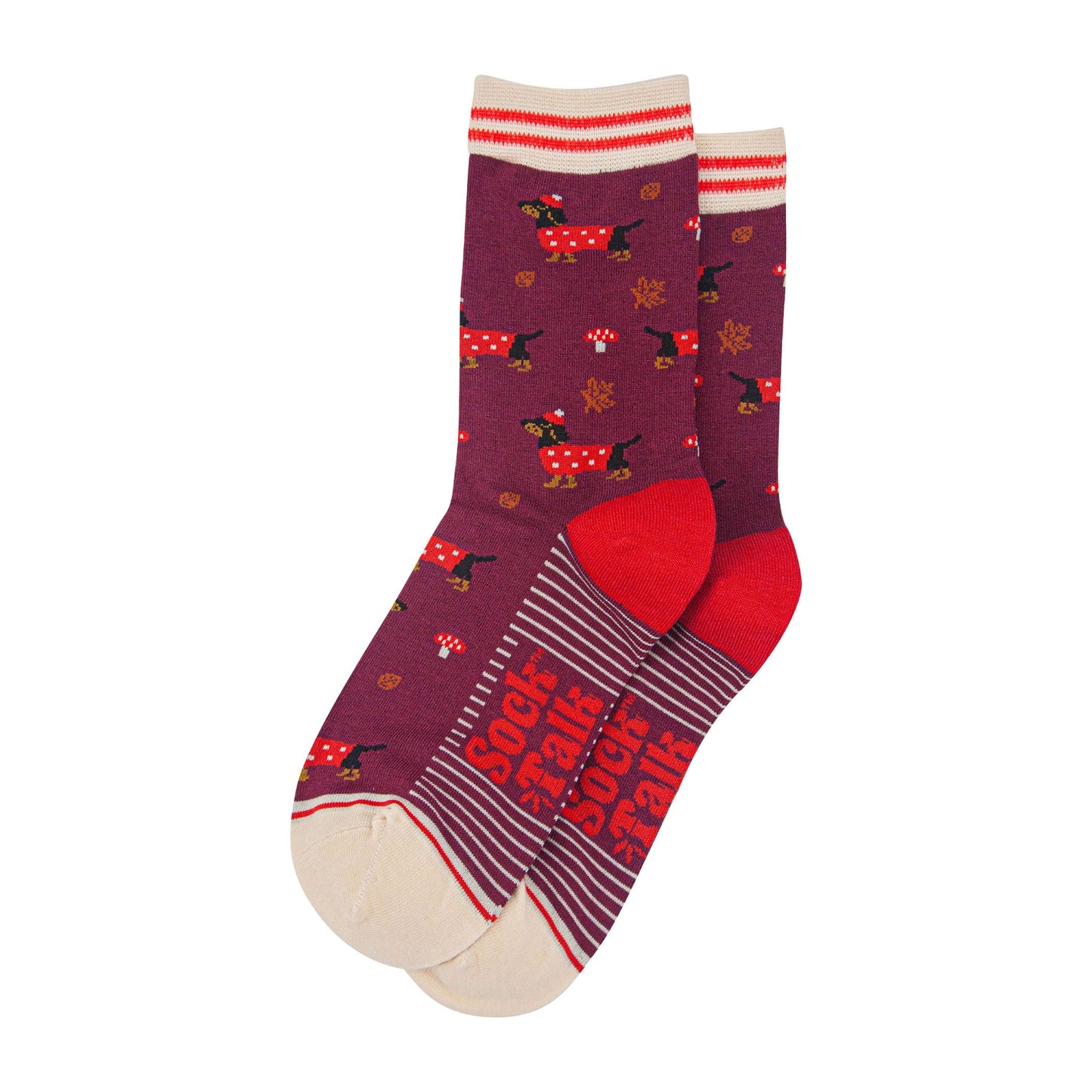 womens-bamboo-socks-berry-cream-sausage-dogs-toadstools-laying-flat
