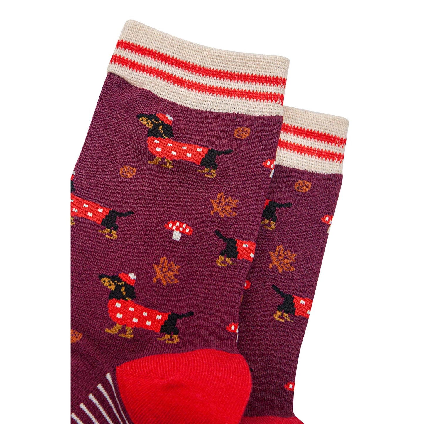 womens-bamboo-socks-berry-cream-sausage-dogs-toadstools-close-up