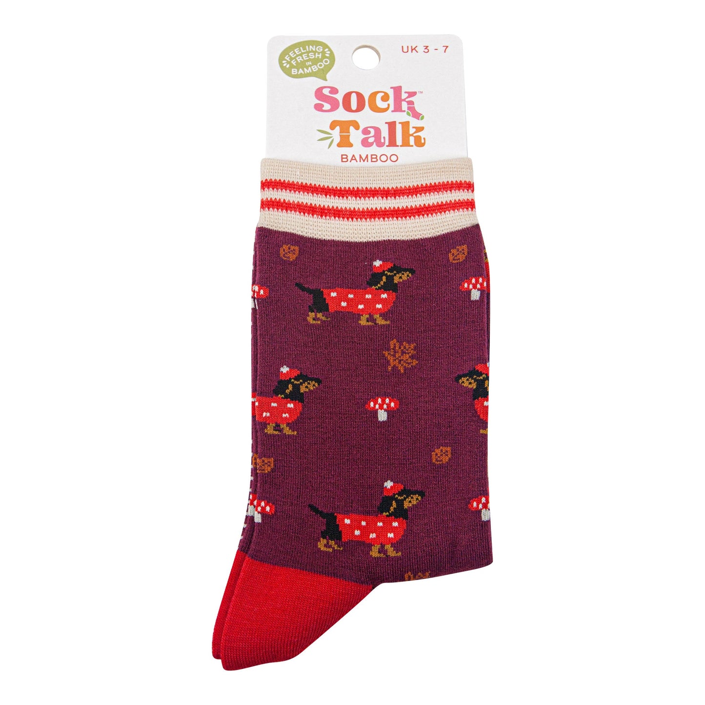 womens-bamboo-socks-berry-cream-sausage-dogs-toadstools-in-sock-talk-packaging