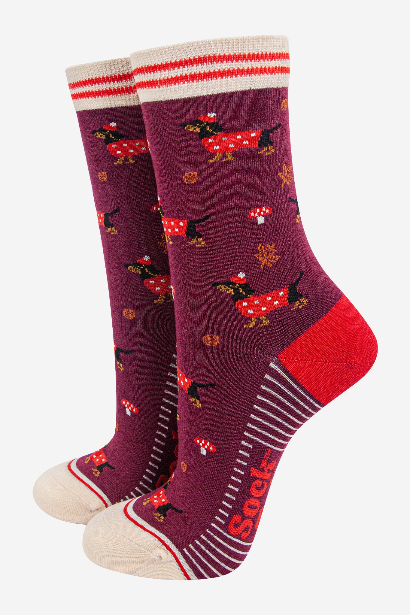 womens-bamboo-socks-berry-cream-sausage-dogs-toadstools-woodland-dachshunds