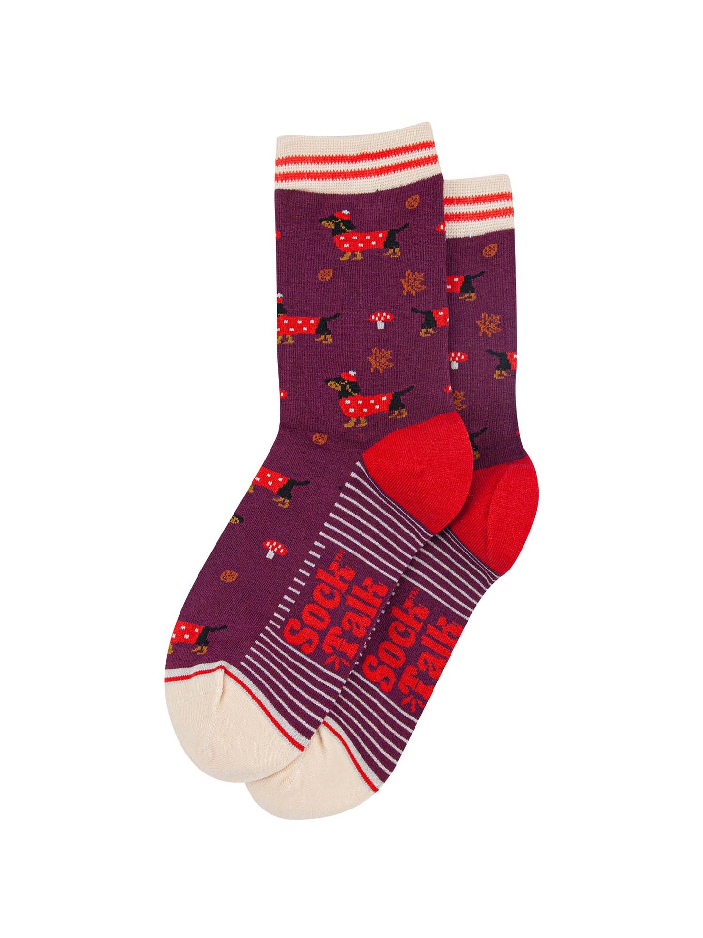 womens-bamboo-socks-berry-cream-sausage-dogs-toadstools-laying-flat