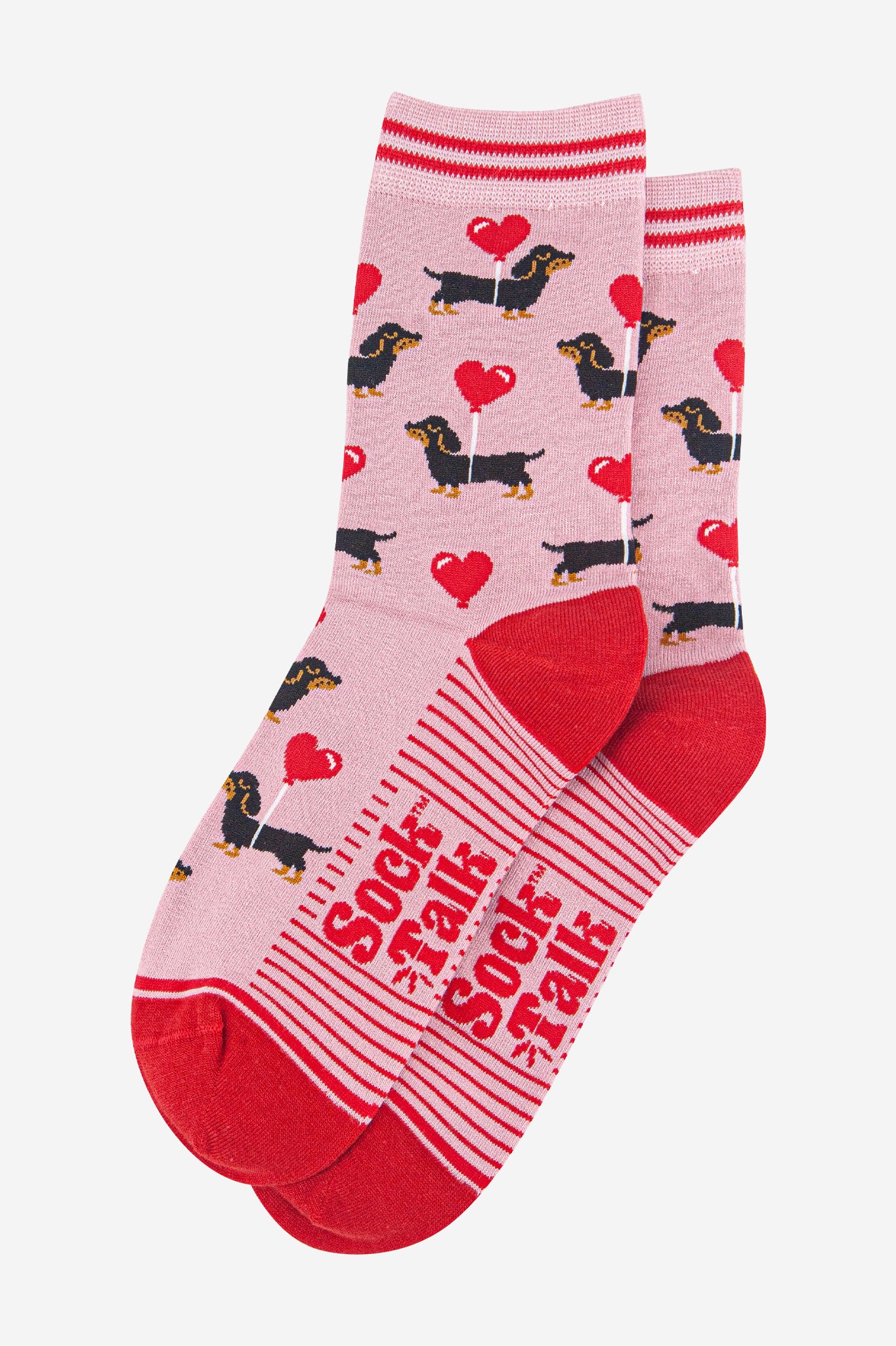 womens-bamboo-socks-light-pink-red-sausage-dogs-laying-flat