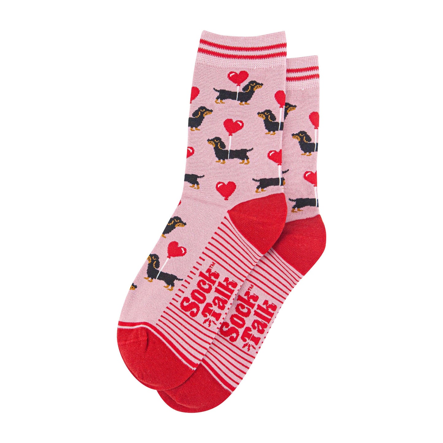 womens-bamboo-socks-light-pink-red-sausage-dogs-laying-flat