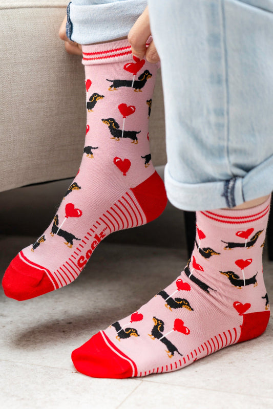 Women's Bamboo Socks - Light Pink/Red, Sausage Dogs