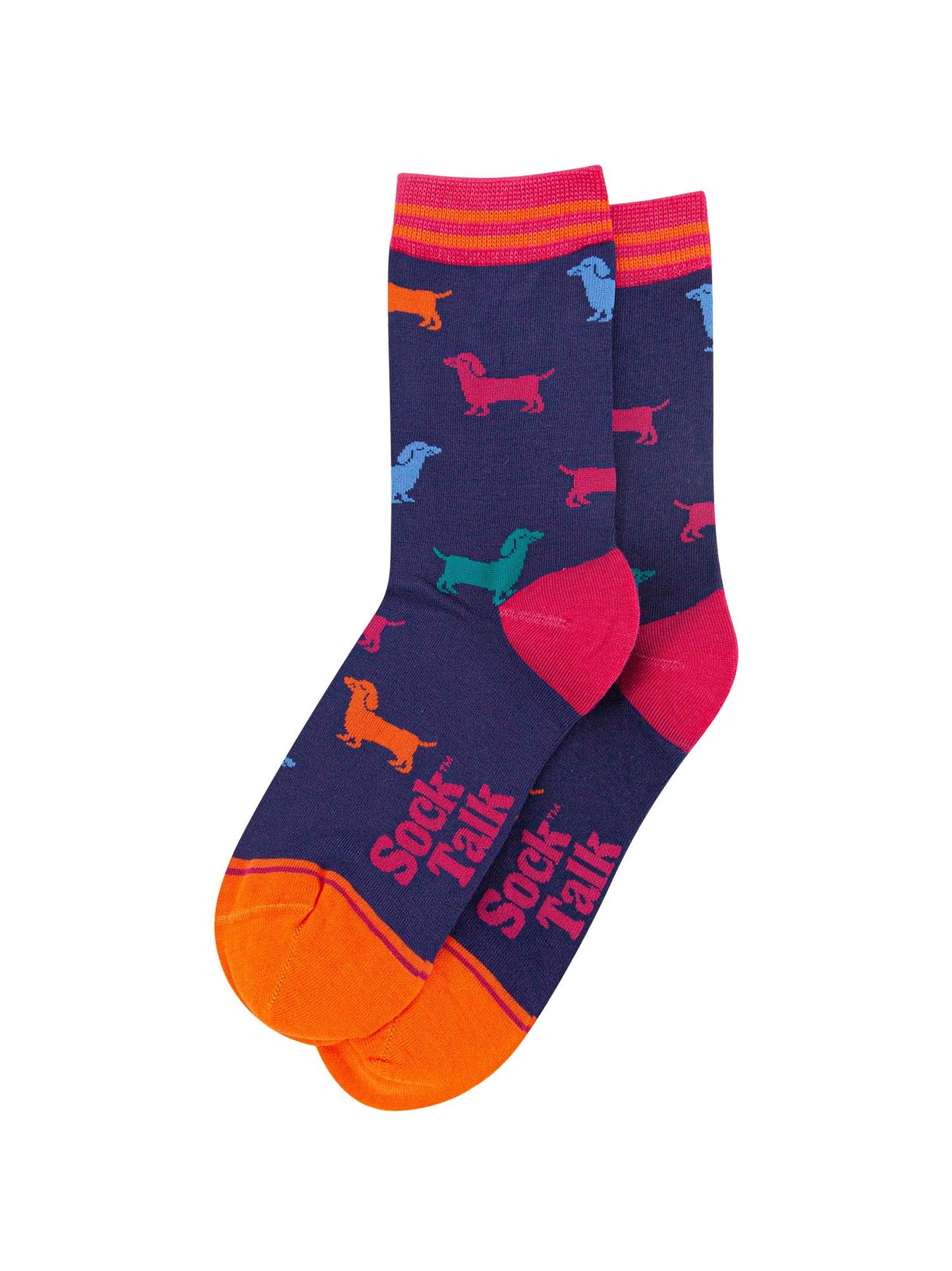 mutlicoloured bamboo ankle socks featuring a colourful sausage dog pattern