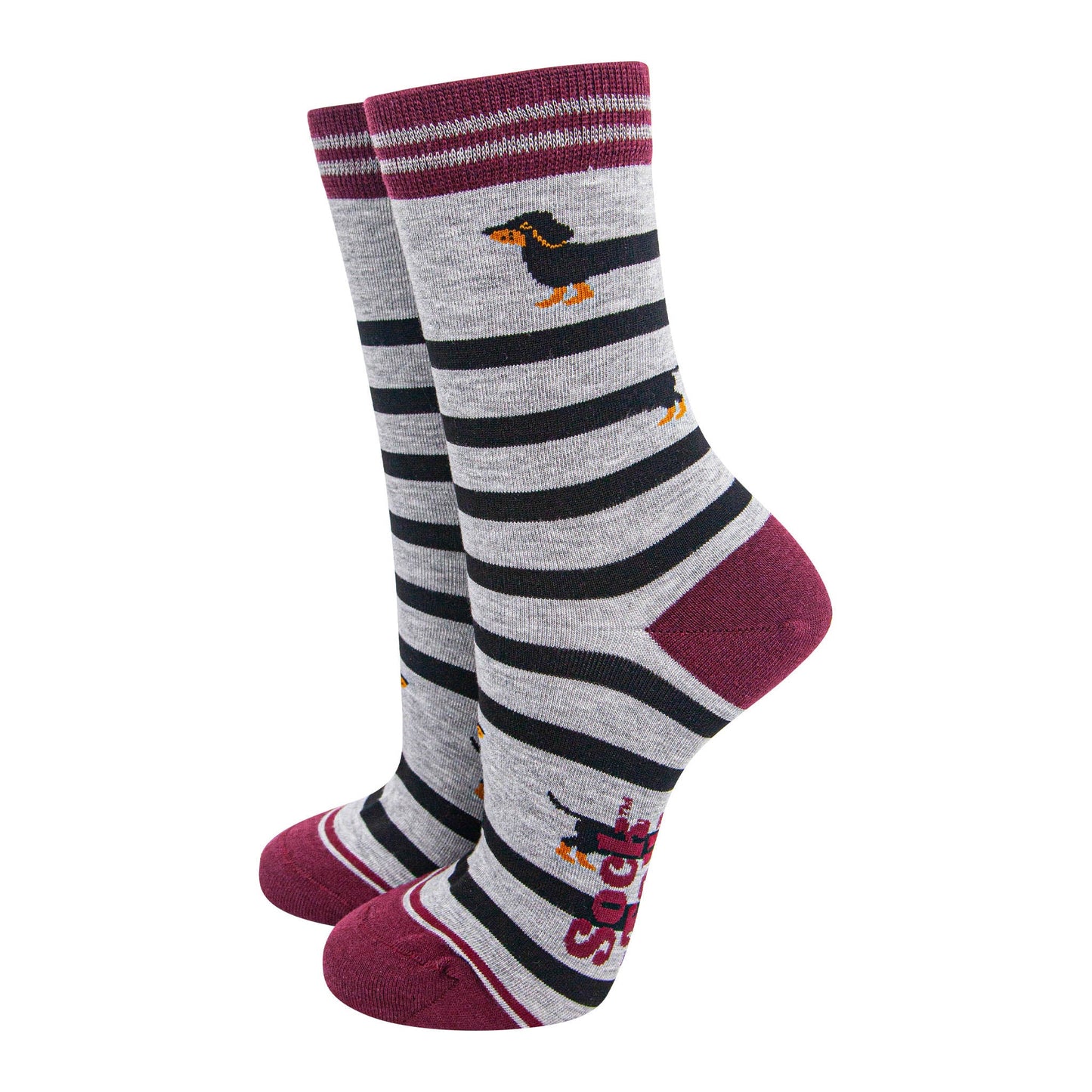 womens-bamboo-socks-grey-marl-red-sausage-dog-dachshund