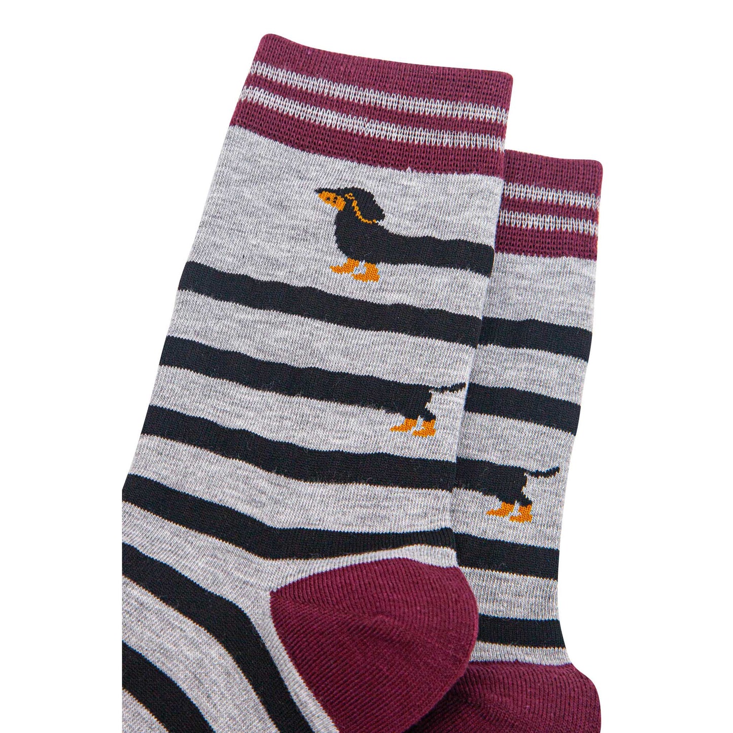 womens-bamboo-socks-grey-marl-red-sausage-dog-close-up-pattern