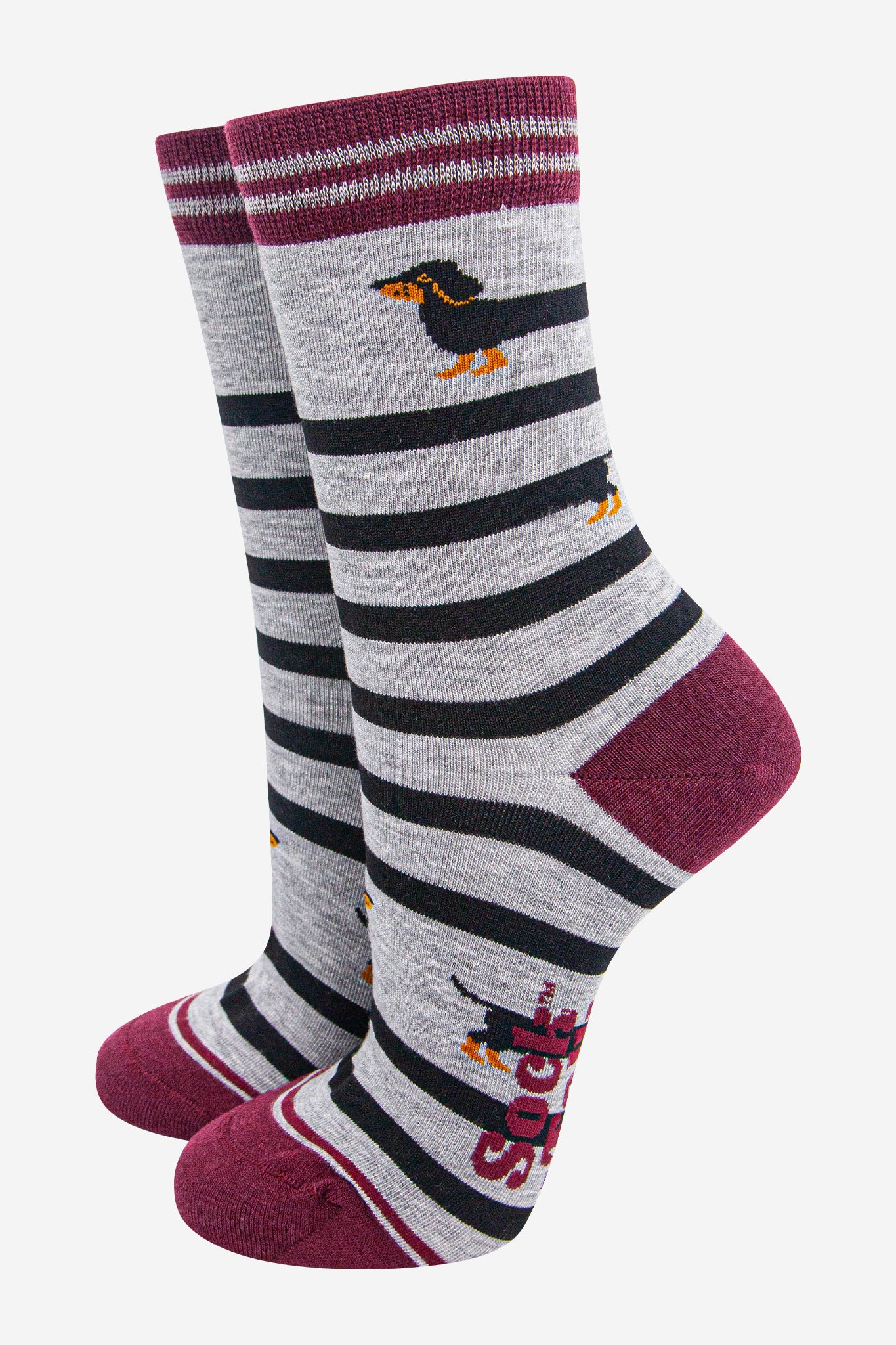 womens-bamboo-socks-grey-marl-red-sausage-dog-dachshund