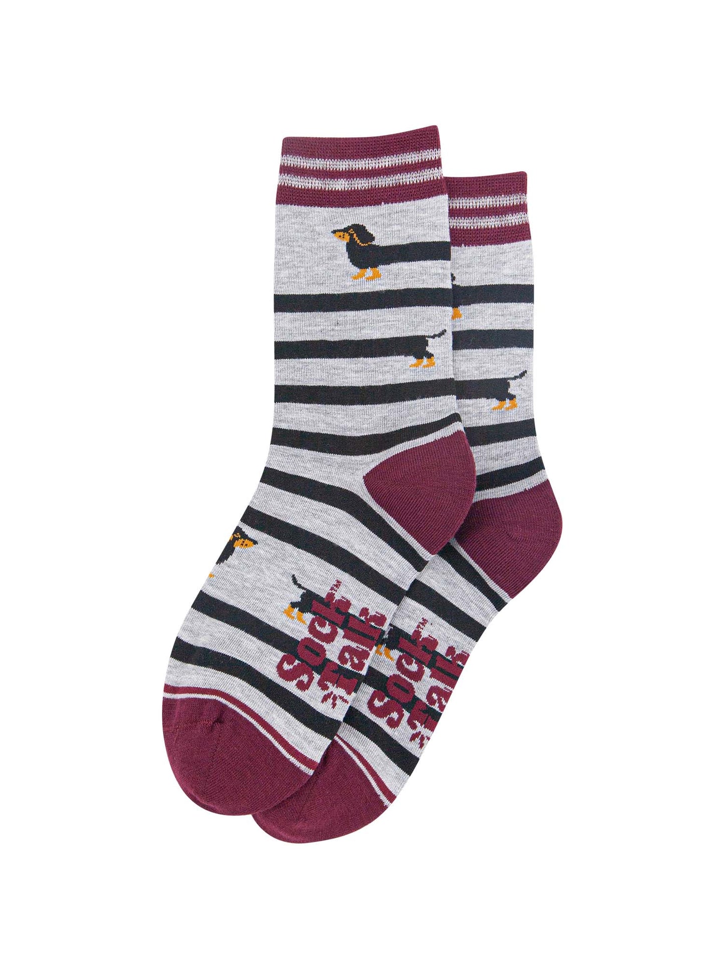 womens-bamboo-socks-grey-marl-red-sausage-dog-laying-flat