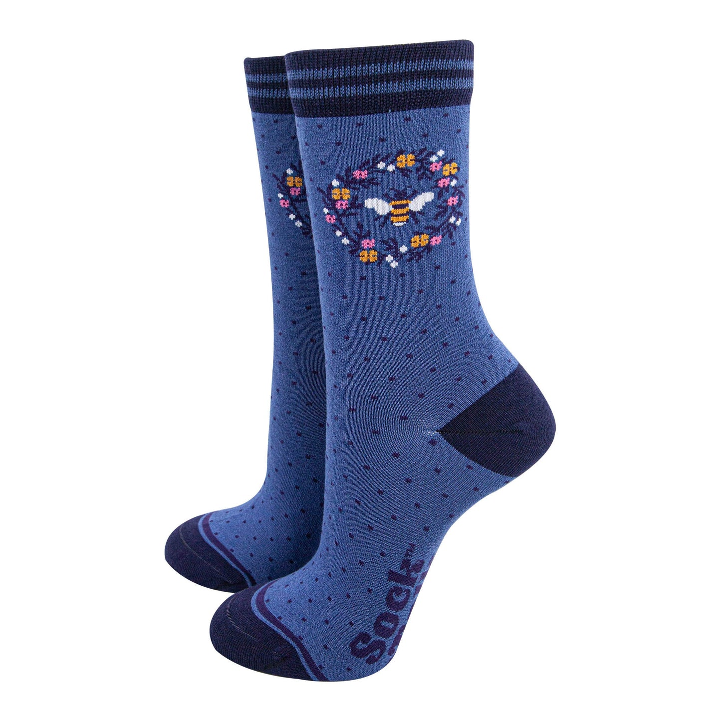 womens-bamboo-socks-denim-blue-navy-blue-bee-wreath