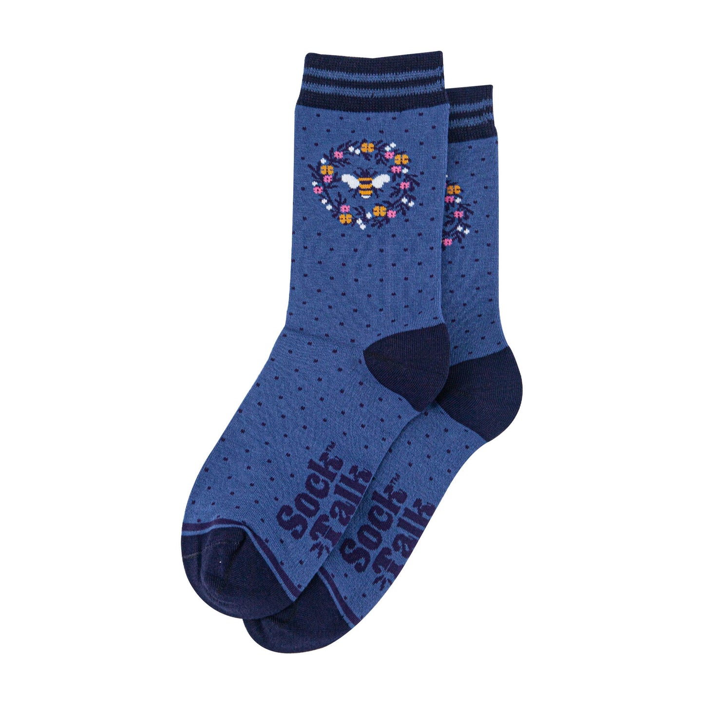 womens-bamboo-socks-denim-blue-navy-blue-bee-wreath-laying-flat