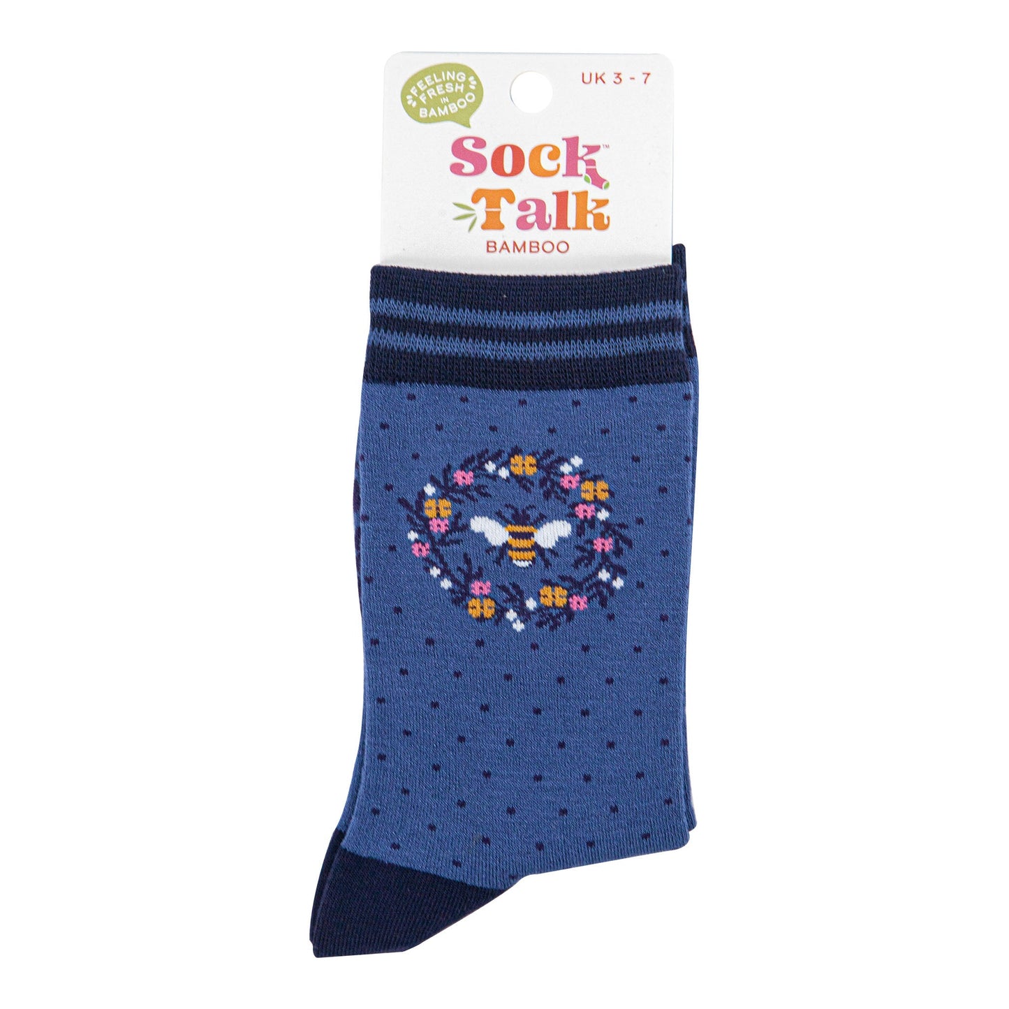 womens-bamboo-socks-denim-blue-navy-blue-bee-wreath-in-sock-talk-packaging