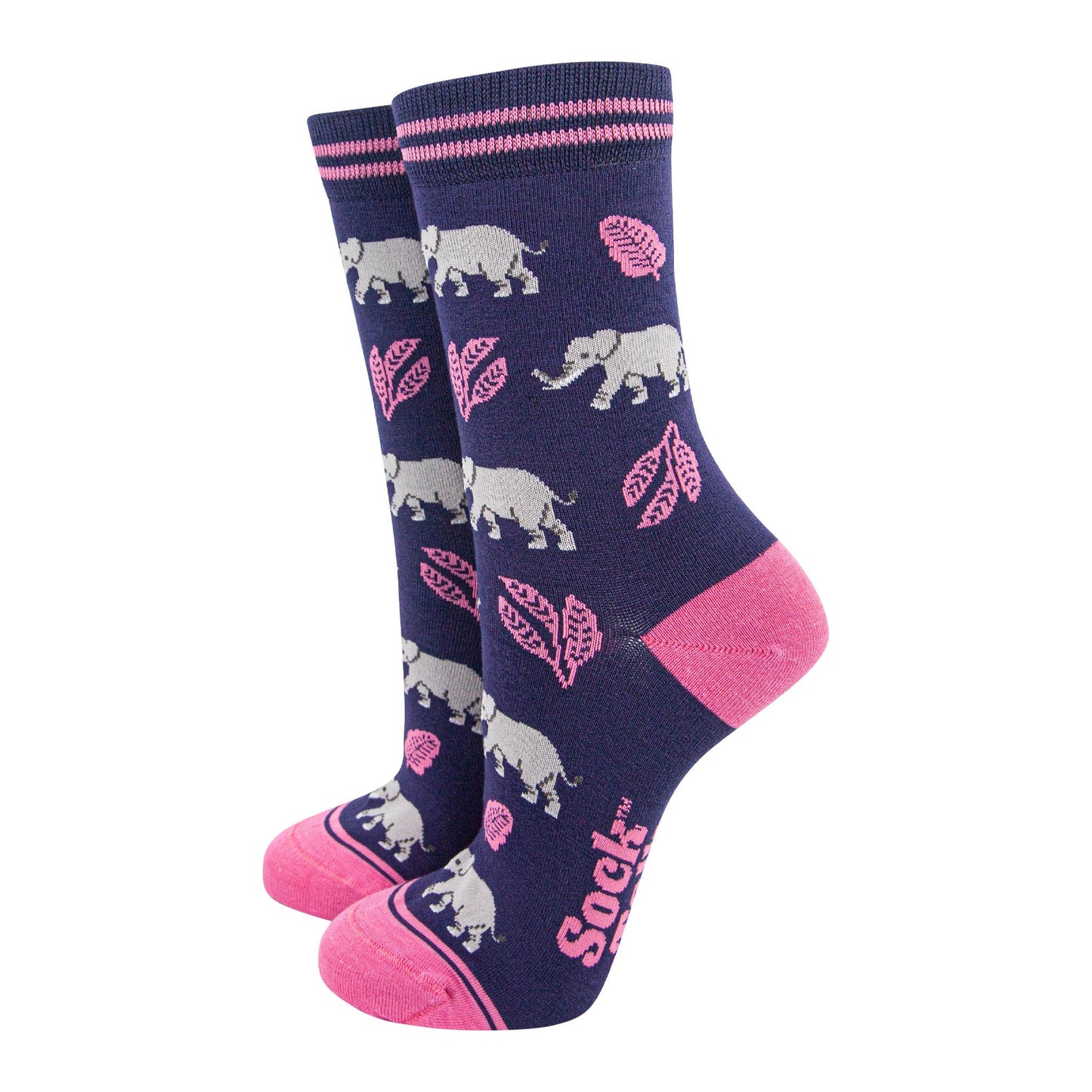 womens-bamboo-socks-navy-blue-pink-elephant-leaves