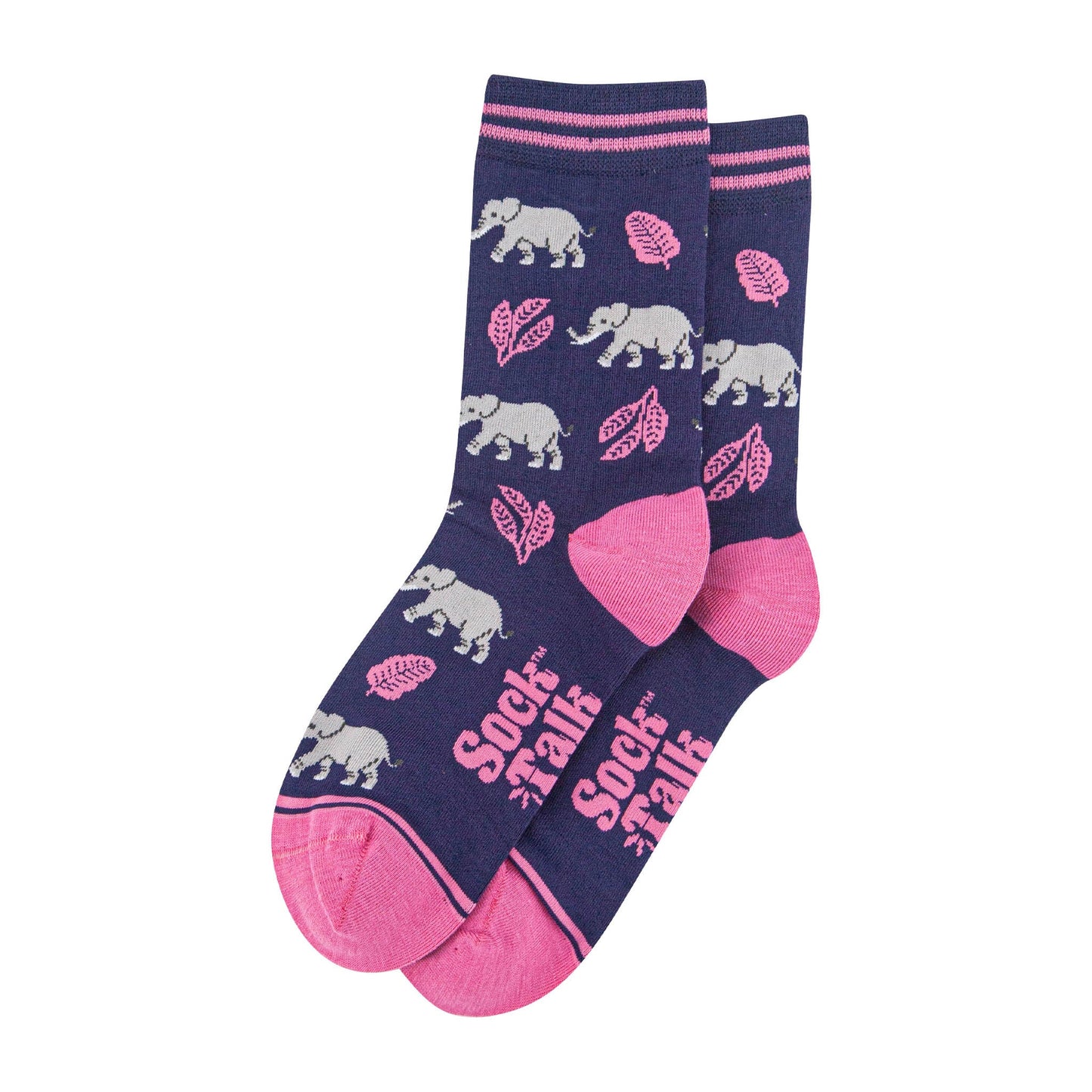 womens-bamboo-socks-navy-blue-pink-elephant-laying-flat
