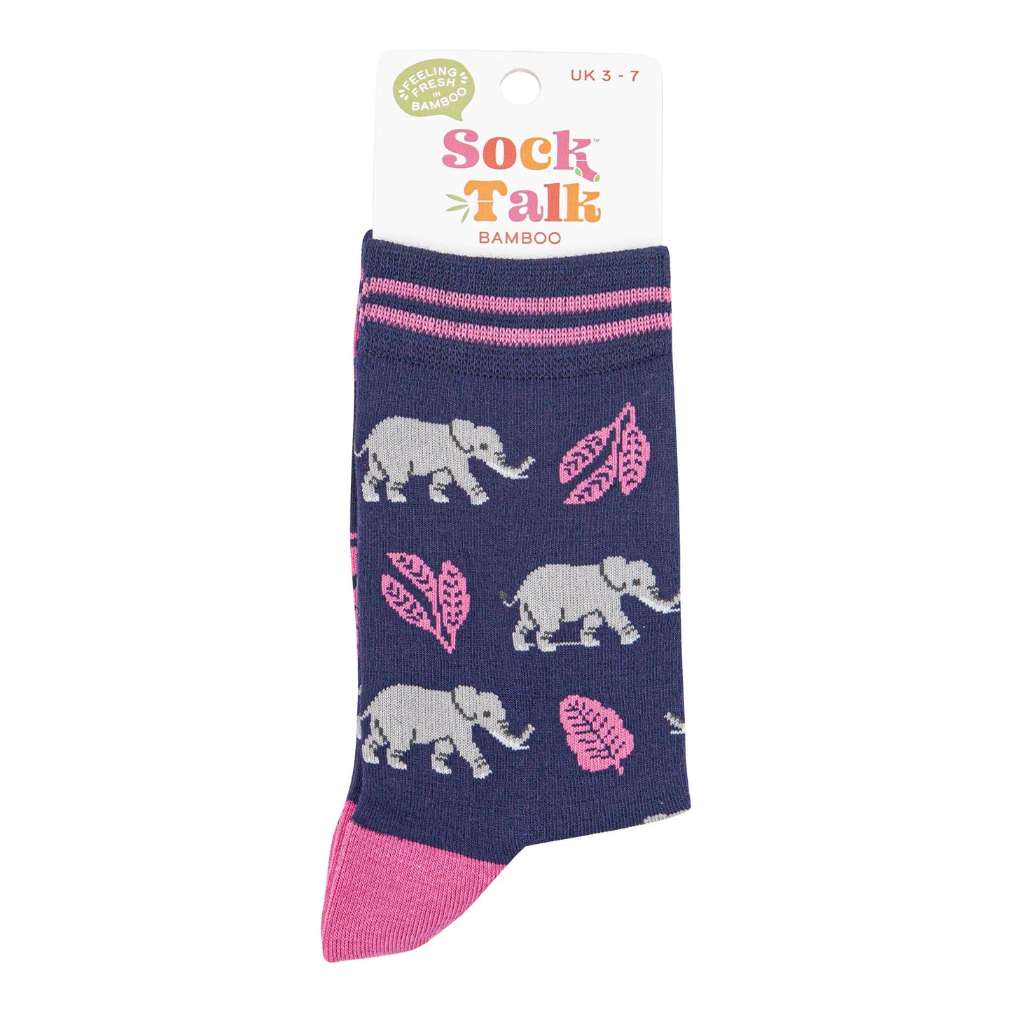 womens-bamboo-socks-navy-blue-pink-elephant-in-sock-talk-packaging