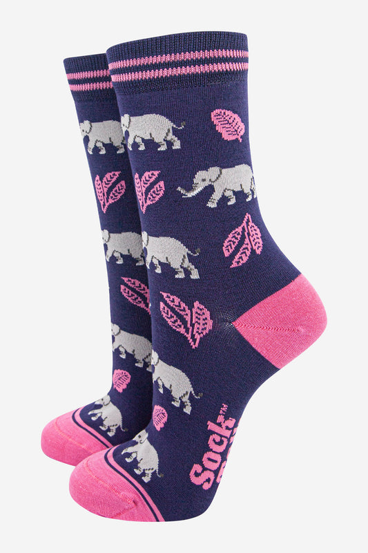 womens-bamboo-socks-navy-blue-pink-elephant-leaves