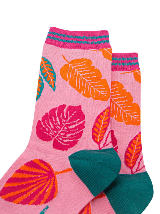 close up of the colourful leaf pattern on the pink ankle socks