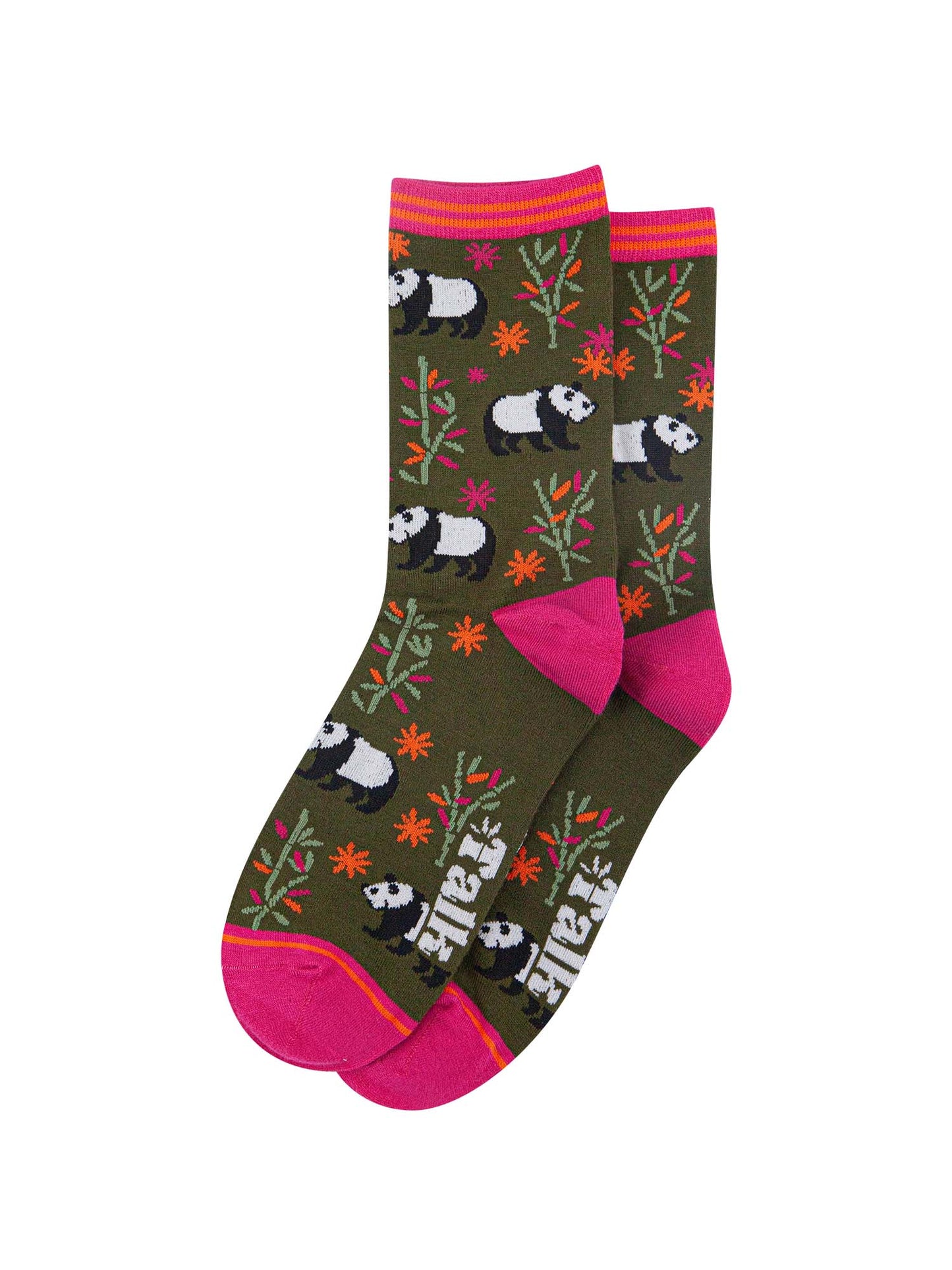khaki green and pink ankle socks with an all over pattern of pandas and bamboo leaves