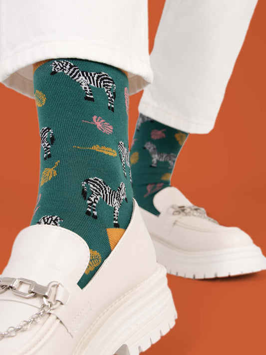 Women's Leaf and Zebra Print Bamboo Socks