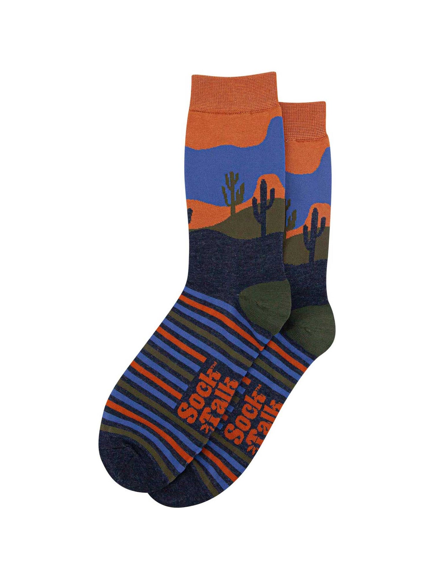 mens-bamboo-socks-navy-blue-desert-landscape-stripe-laying-flat-striped-feet-landscape-ankle