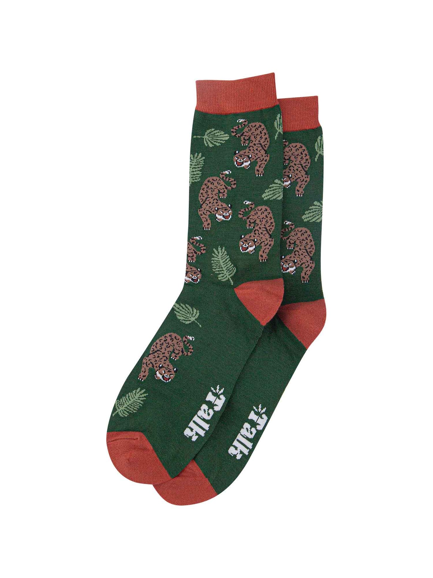 mens cheetah print bamboo socks in green with orange toe, heel and cuff