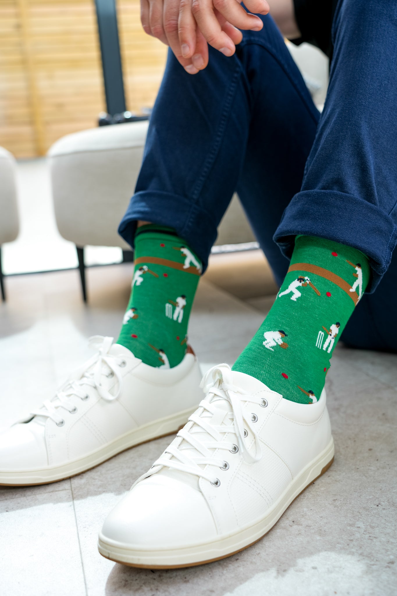 mens-bamboo-socks-green-cricket-players-styled-with-white-trainers