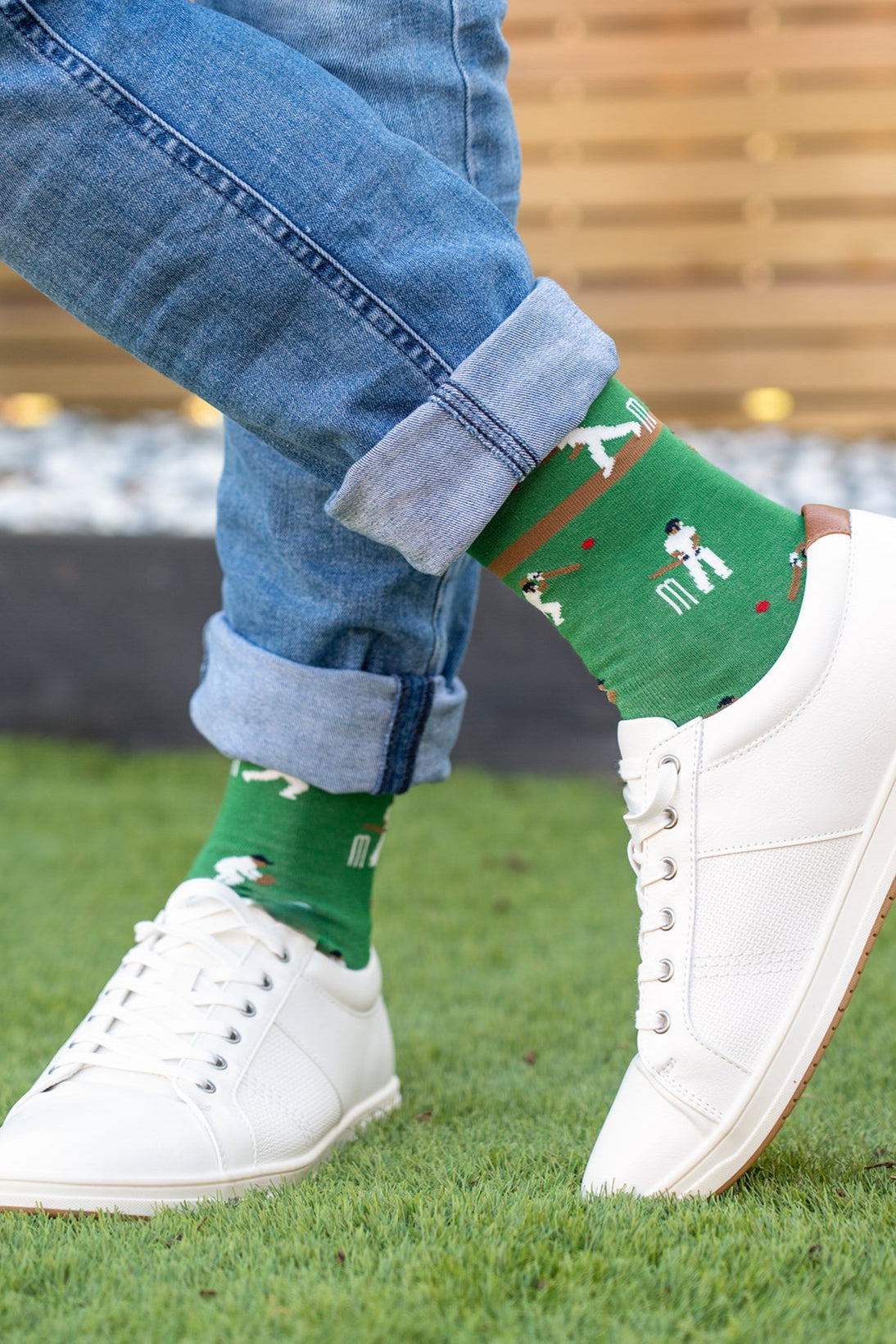 mens-bamboo-socks-green-cricket-players-styled-with-white-trainers