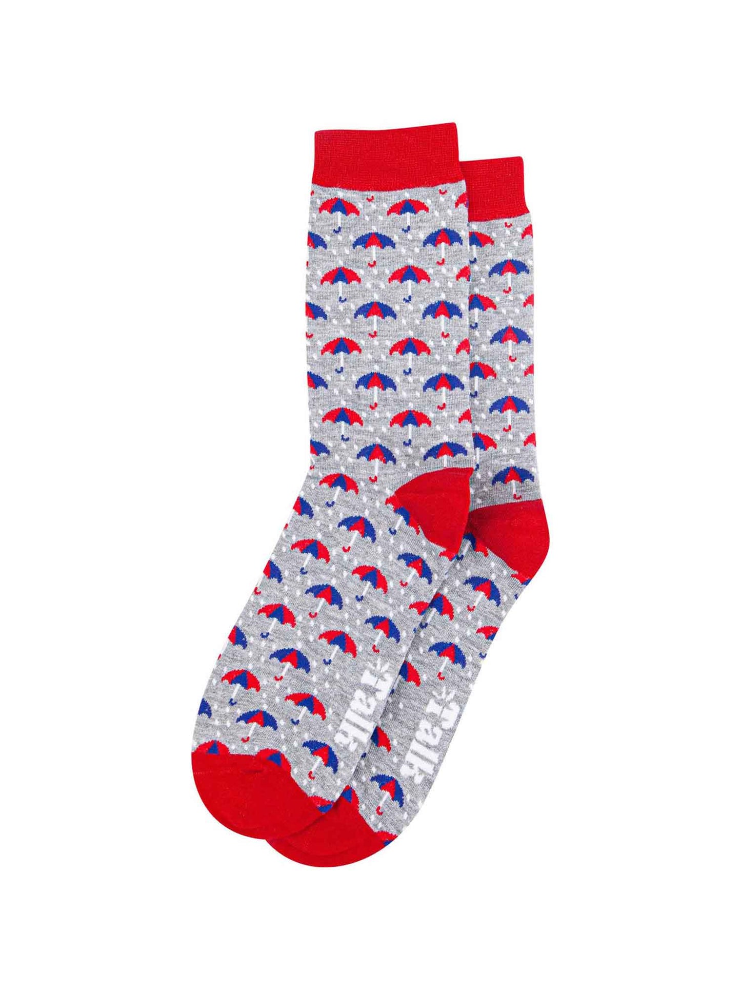 grey and red socks with an all over umbrella print pattern