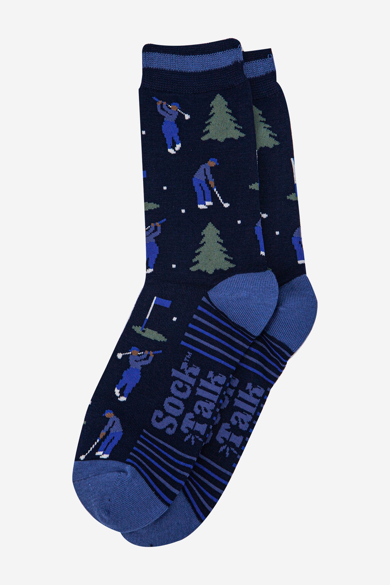 Men's Bamboo Crew Socks Christmas Cracker Gift Box - Navy Blue/Denim Blue, Golfer and Trees