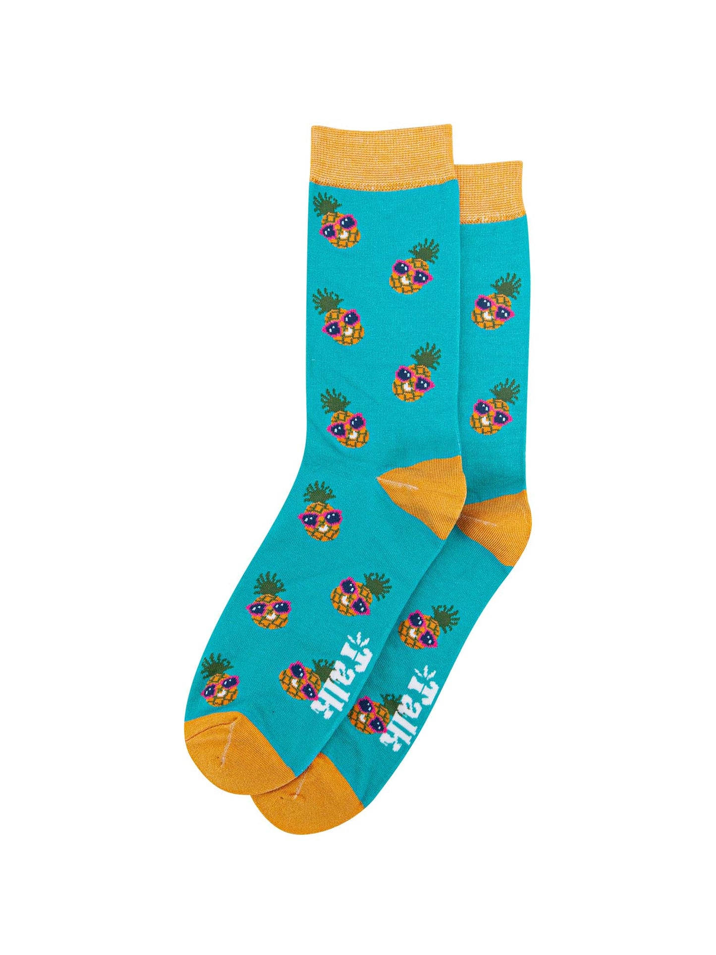 mens pineapple print bamboo socks in turquoise blue with a yellow toe, heel and cuff