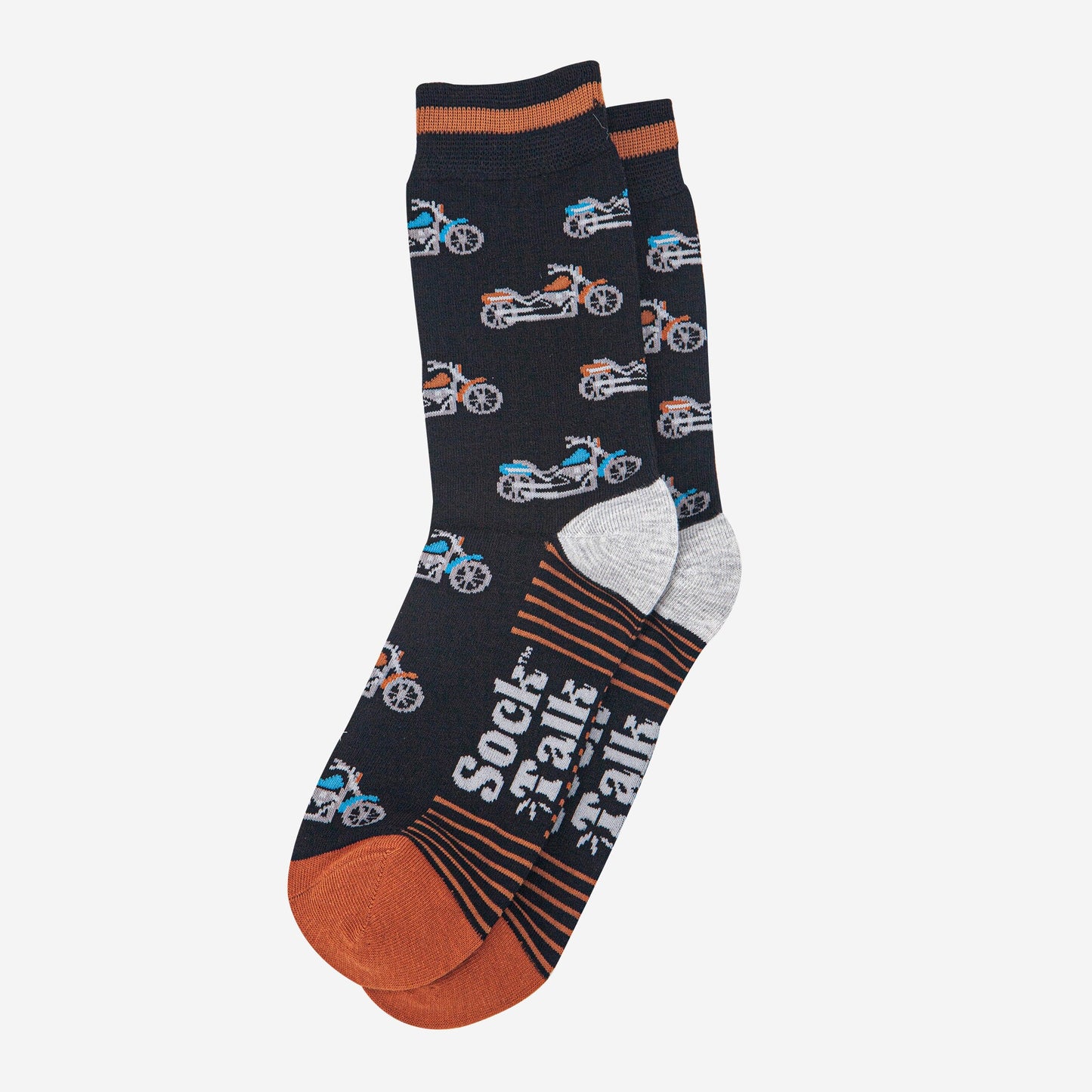 mens-bamboo-socks-black-orange-motorbikes-laying-flat