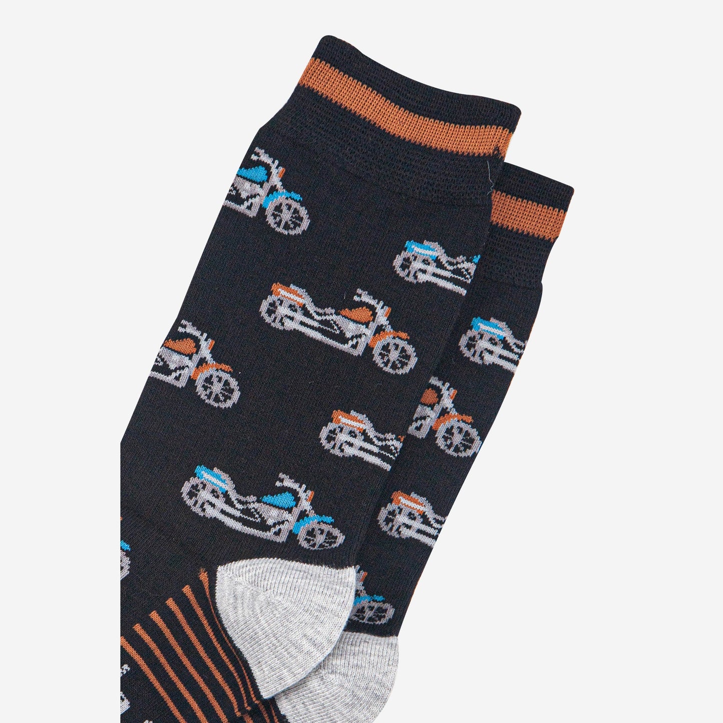 mens-bamboo-socks-black-orange-motorbikes-close-up