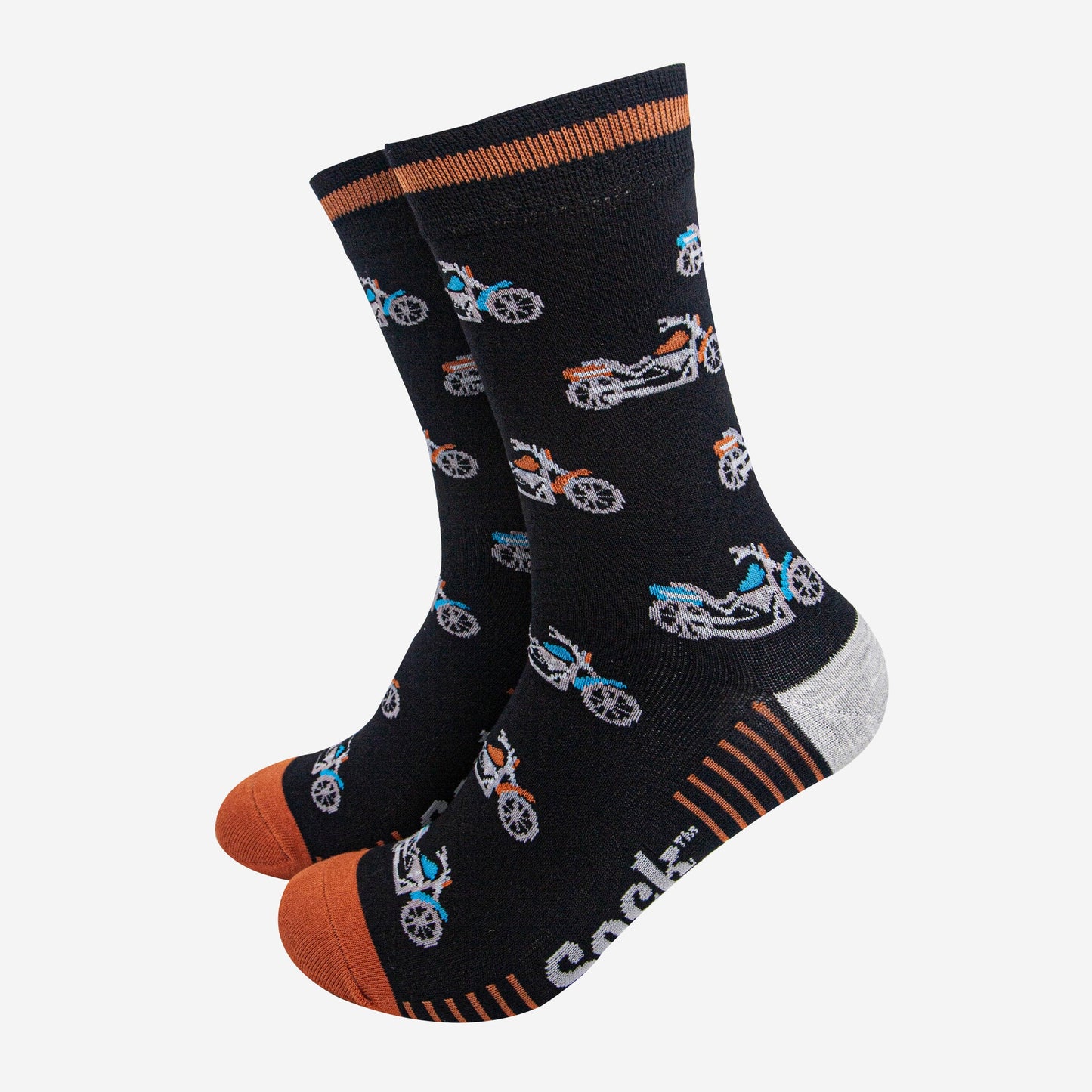 mens-bamboo-socks-black-orange-motorbikes-biker