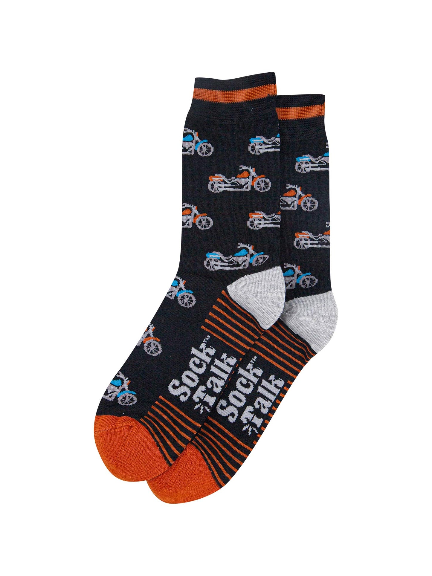 mens-bamboo-socks-black-orange-motorbikes-laying-flat