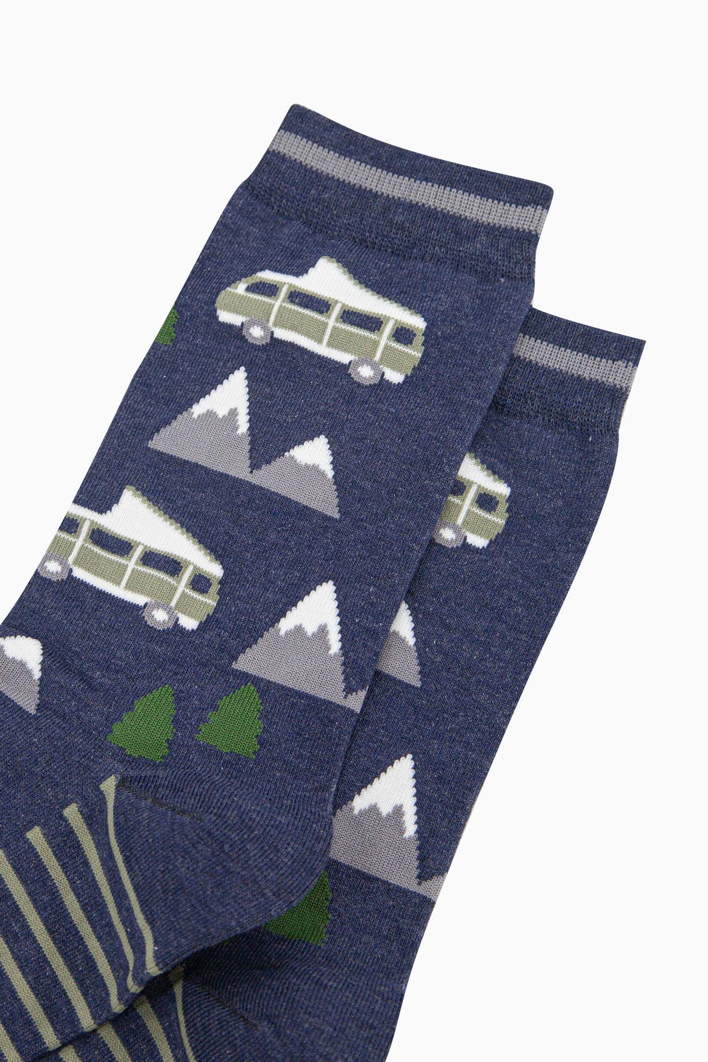 mens-bamboo-socks-navy-campervan-mountains-close-up-snow-capped-mountains-trees-camping-scenery