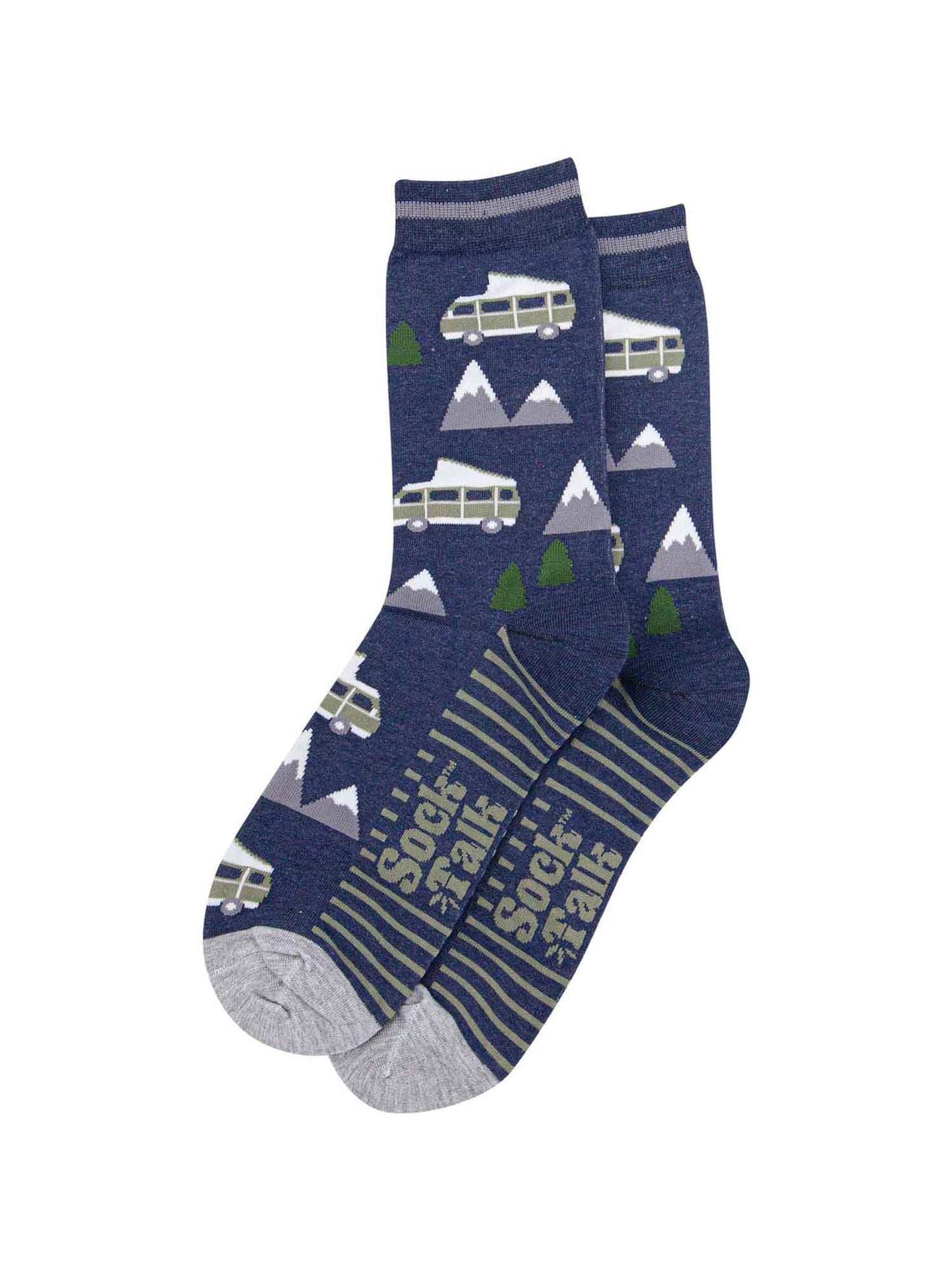 mens-bamboo-socks-navy-campervan-mountains-laying-flat