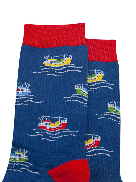 close up of the fishing boat pattern on the bamboo socks