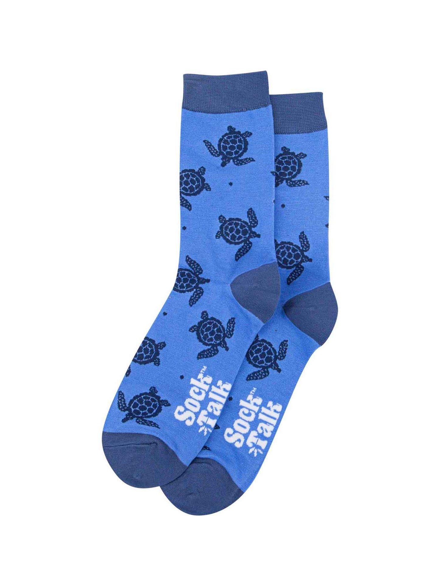 blue bamboo socks with swimming sea turtles all over, navy blue heel, toe and cuff
