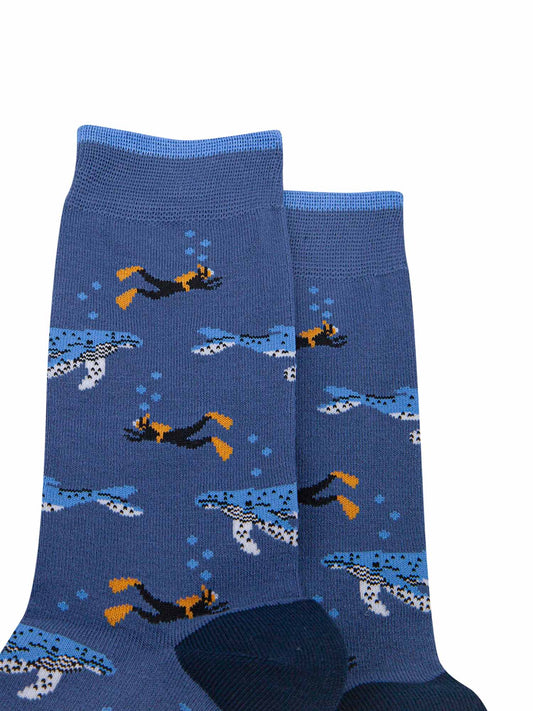close up of the scuba diver and whale pattern on the bamboo socks