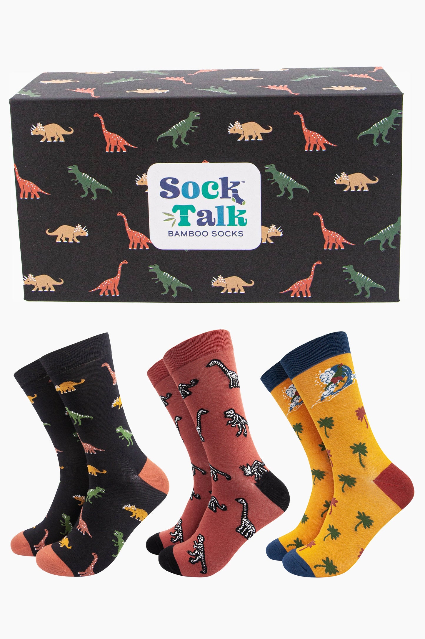 black and multicoloured dinosaur pattern gift box with three pairs of dinosaur bamboo socks