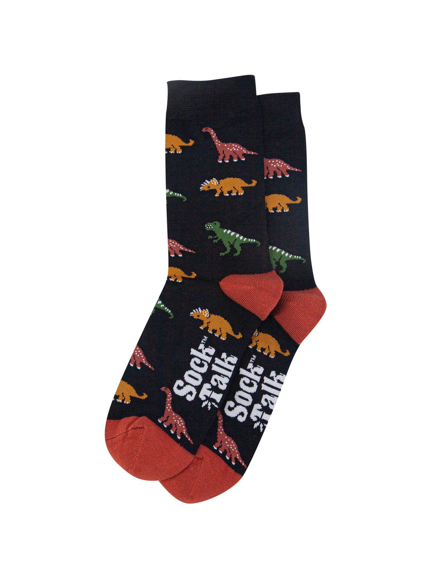 mens dinosaur pattern bamboo socks showing the various dinosaurs, trex, triceratops and diplodocus