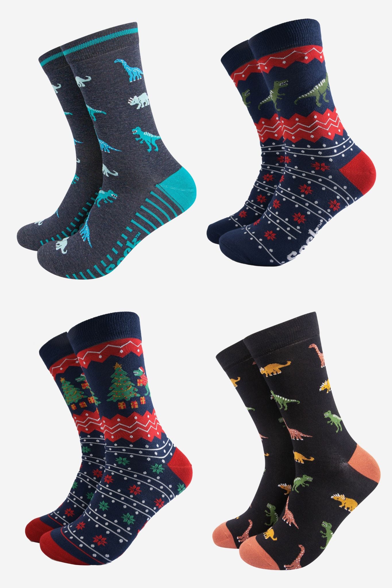 Men's Bamboo Crew Socks Festive Gift Set - Multi, Dinosaurs