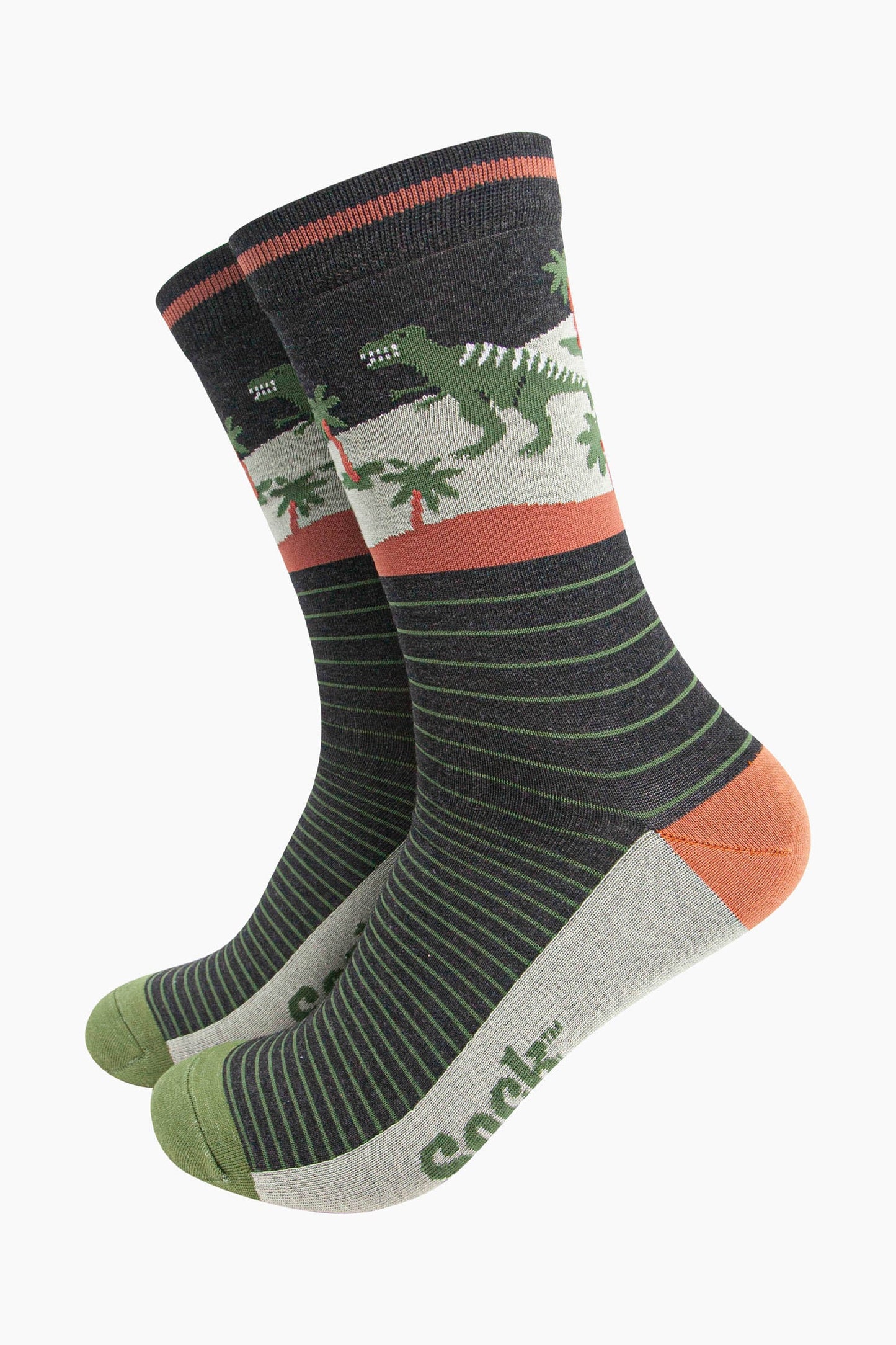 mens-bamboo-socks-black-green-t-rex-forest-green-pinstripes-dinosaurs-palm-trees