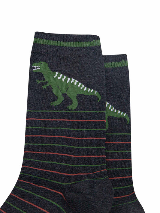 mens-bamboo-socks-black-t-rex-stripe-close-up-green-stripes-orange-stripes-large-green-trex-on-ankle-showing-teeth